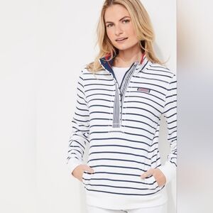 Vineyard Vines Women's Half Button-Up 100% Cotton Mockneck - White and Navy, L